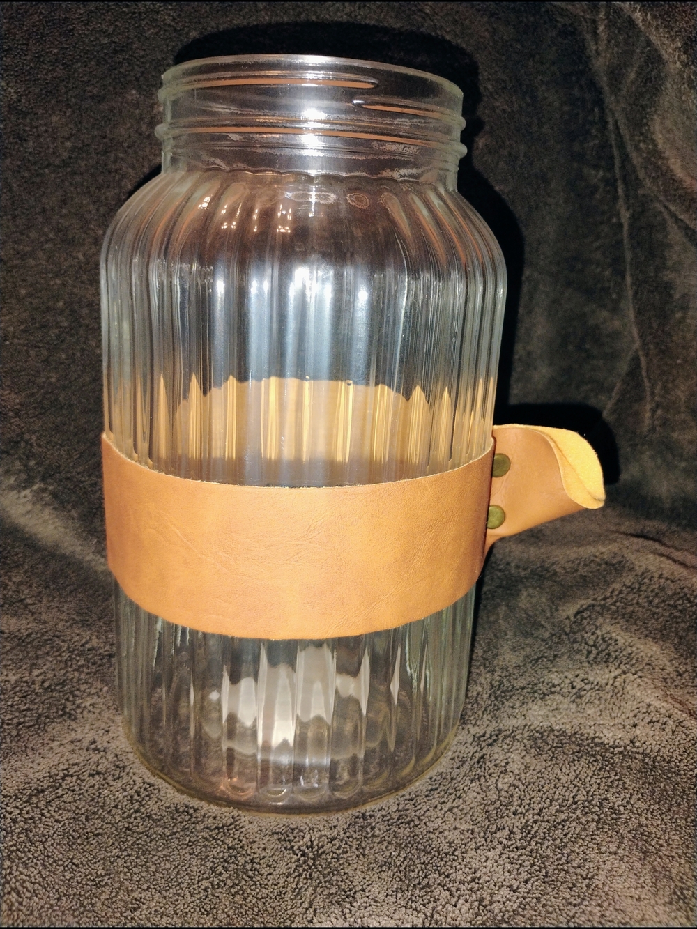 Clear Ribbed Glass Jar w/ Tan Leather Grip | Neutral Modern Farmhouse Decor